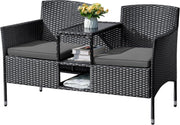 Outdoor Furniture Patio Loveseat Wicker 2-Seat with Built-in Table and Cushions Rattan Porch Chairs Bench for Balcony, Lawn, Backyard (Beige)