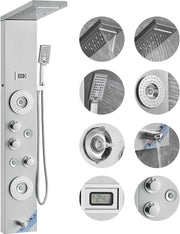 Shower Panel System, 6 Shower Modes, LED & Display Shower Panel Tower, Rainfall, Waterfall, 4 Body Massage Jets, Tub Spout, Handheld Shower Head 59" Hose, Stainless Steel Wall-Mounted Shower Set