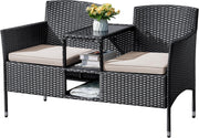 Outdoor Furniture Patio Loveseat Wicker 2-Seat with Built-in Table and Cushions Rattan Porch Chairs Bench for Balcony, Lawn, Backyard (Beige)