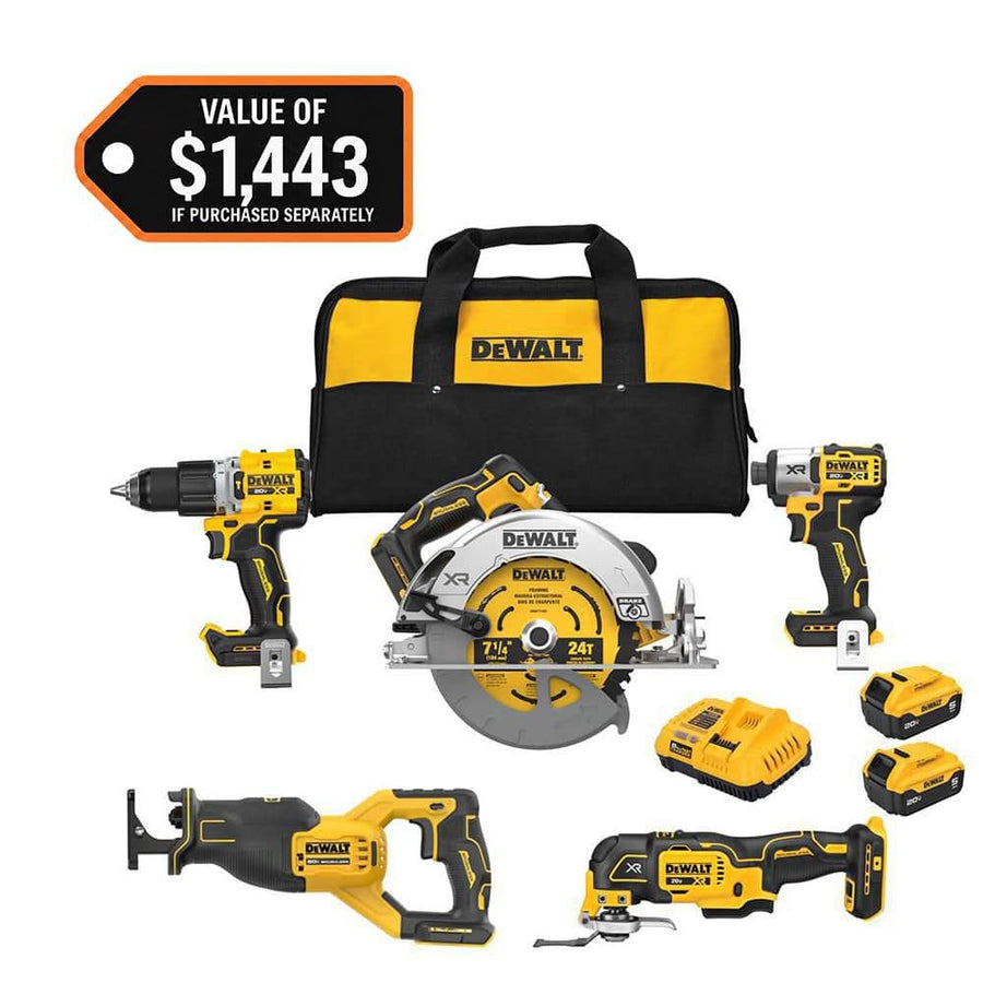 DEWALT DCK510P2 - 20V Lithium-Ion Cordless 5-Tool Combo Kit with (2) 5.0 Ah Battery Packs and Charger